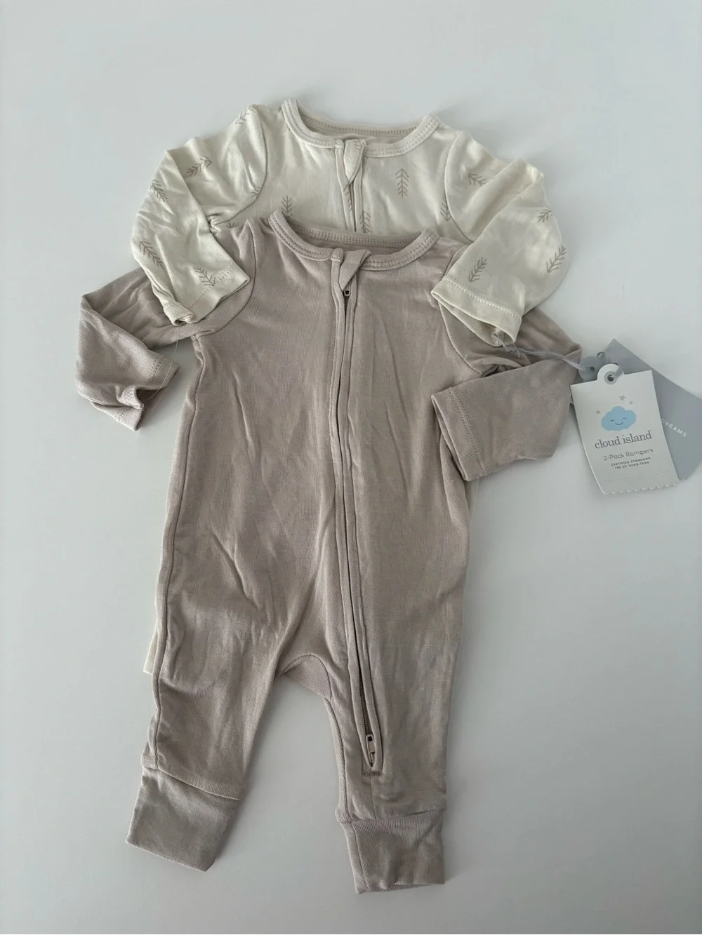 cloud island Neutral 2-Pack Footed Zipper Pajamas - Cream & Taupe newborns